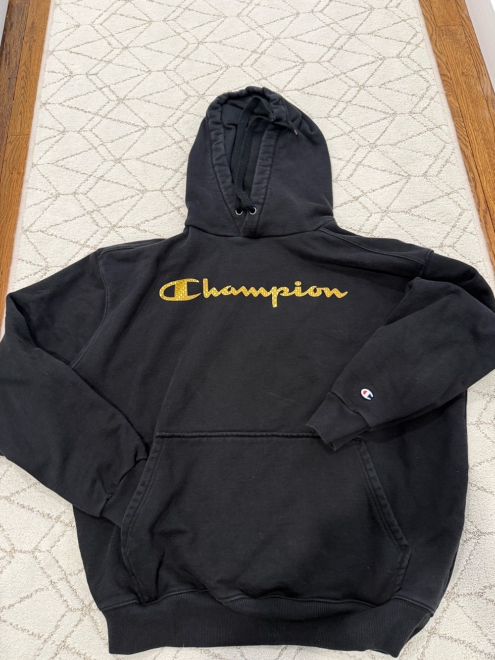 Champion Black Hoodie with Gold Script Emblem